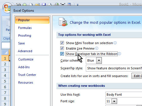 how to open up developer tab excel 2007