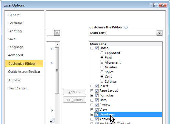 add developer tab in excel 2010