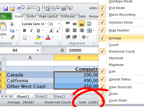 excel bar status quick 2010 calculations function sum options easy projectwoman automatically calculation handiest appears instead isn tools