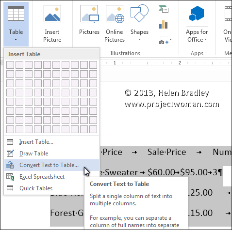 convert function text to table word 2013