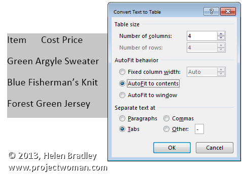 Convert text to a Microsoft Word table « projectwoman.com