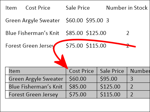 word convert table to text 2013